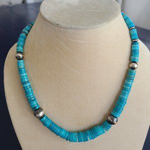 Graduated Bead, Kingman Turquoise 20" Necklace, Handmade Beads, Sterling